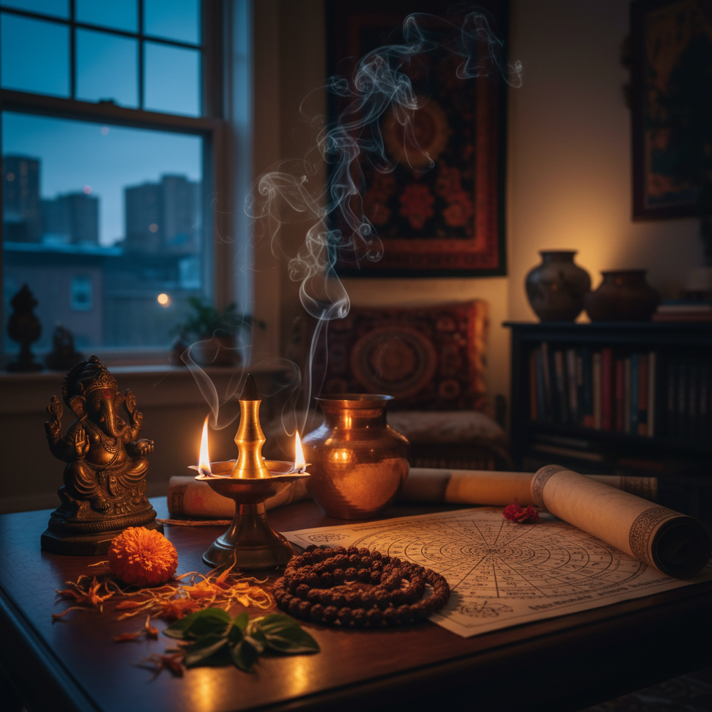 Spiritual healer guiding client in Queens NY center with traditional Vedic tools