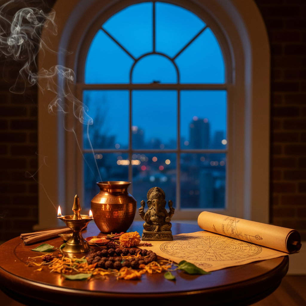 Vedic astrologer reading kundali chart in Queens NY center