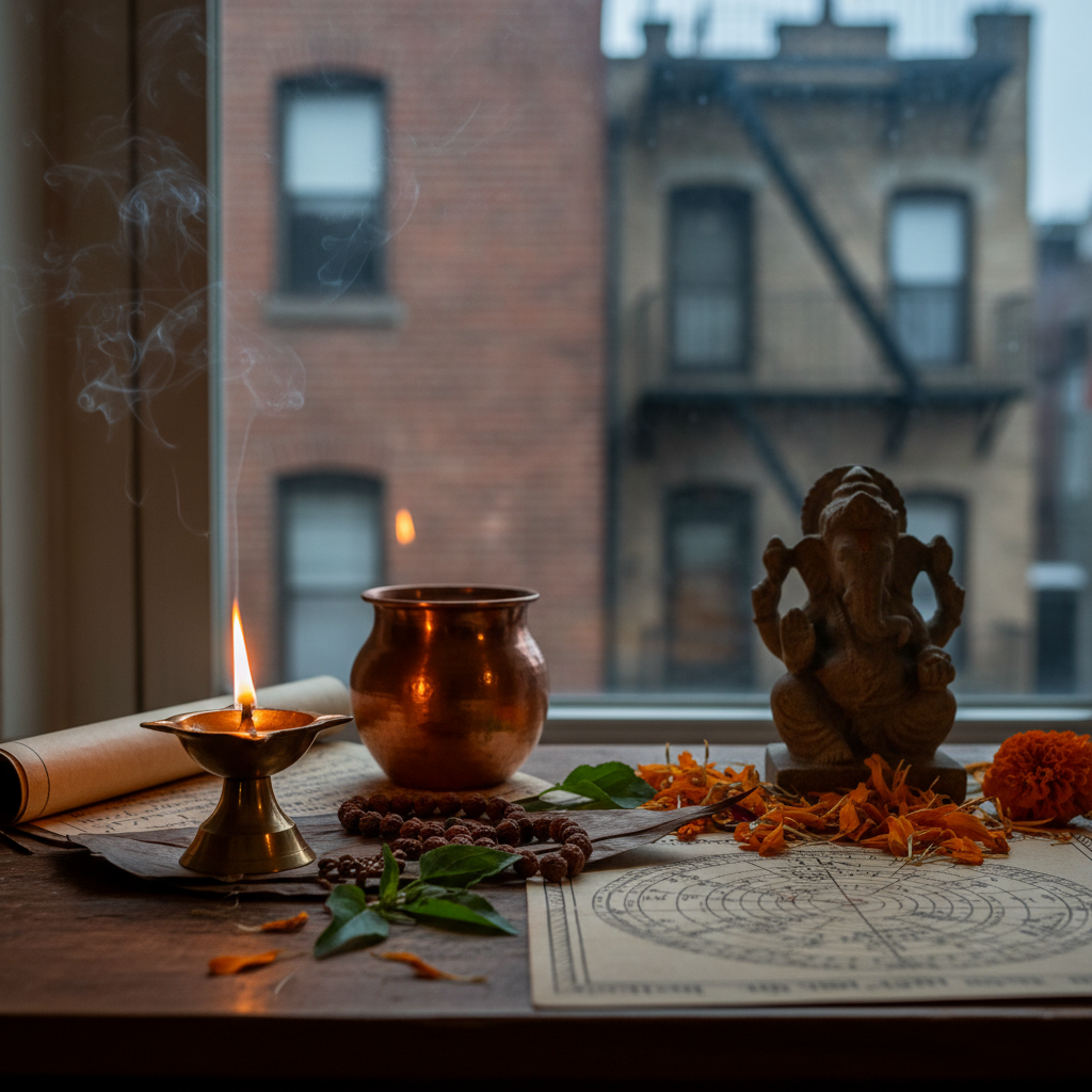 Spiritual healer with brass oil lamp in Queens NY center