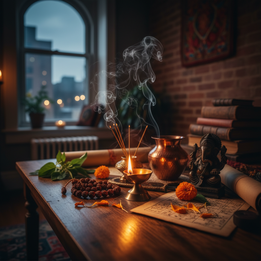 Spiritual healer performing Vedic astrology ritual in Queens NY