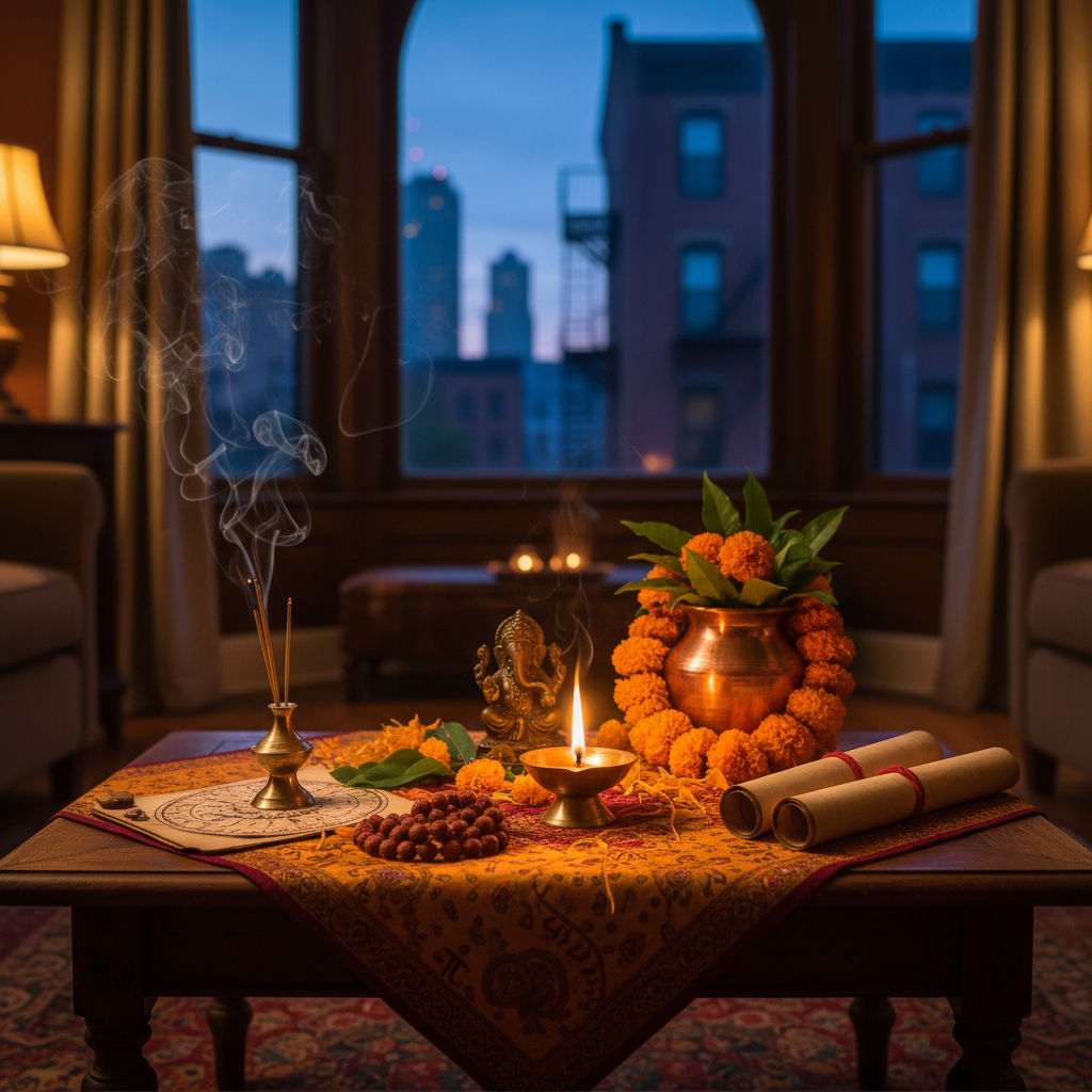 Spiritual healer with Vedic astrology books in Queens NY center
