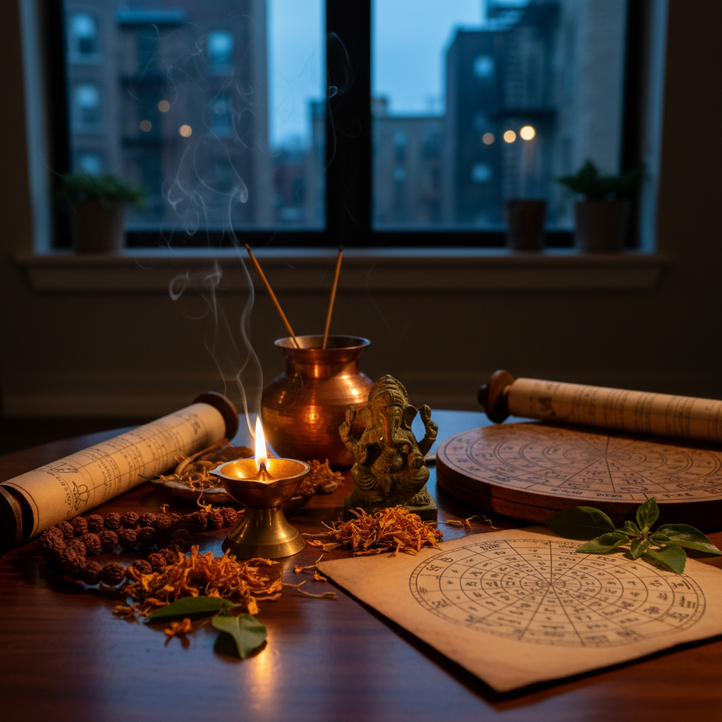 Why Do New Yorkers Trust an Astrologer in Queens? Astrologer in Queens reading Kundali with New York skyline background