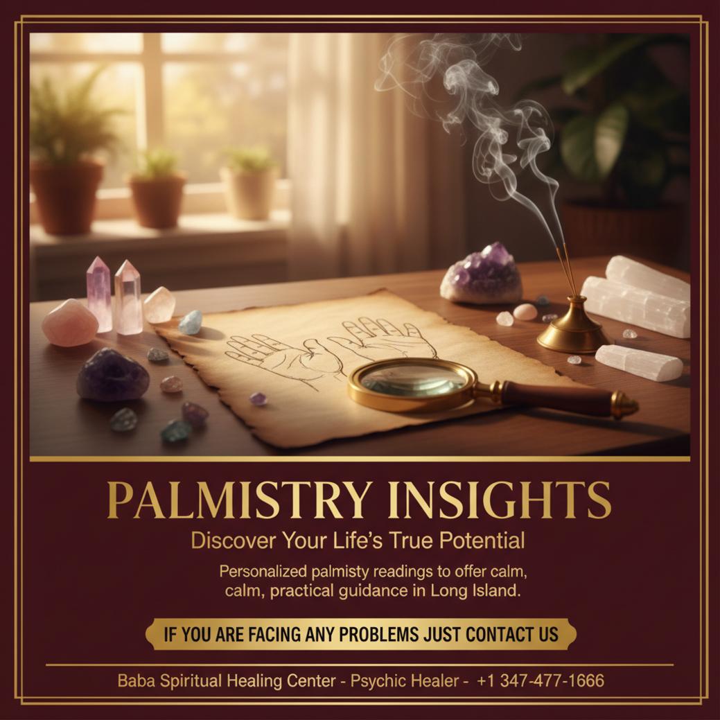 Close-up of palms and magnifying glass on wooden desk for palmistry in Long Island, NY
