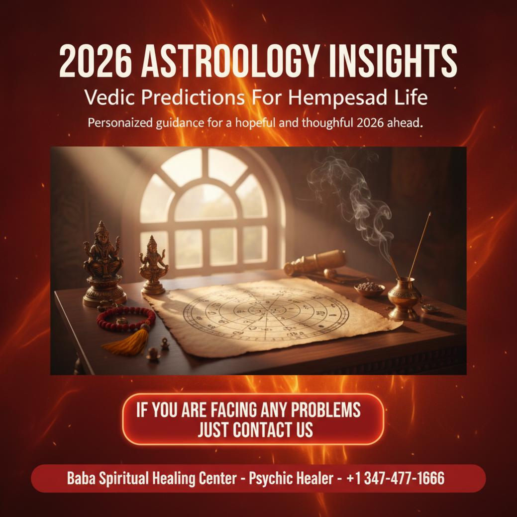 Close-up of Vedic astrology chart and sacred items in Hempstead calm room