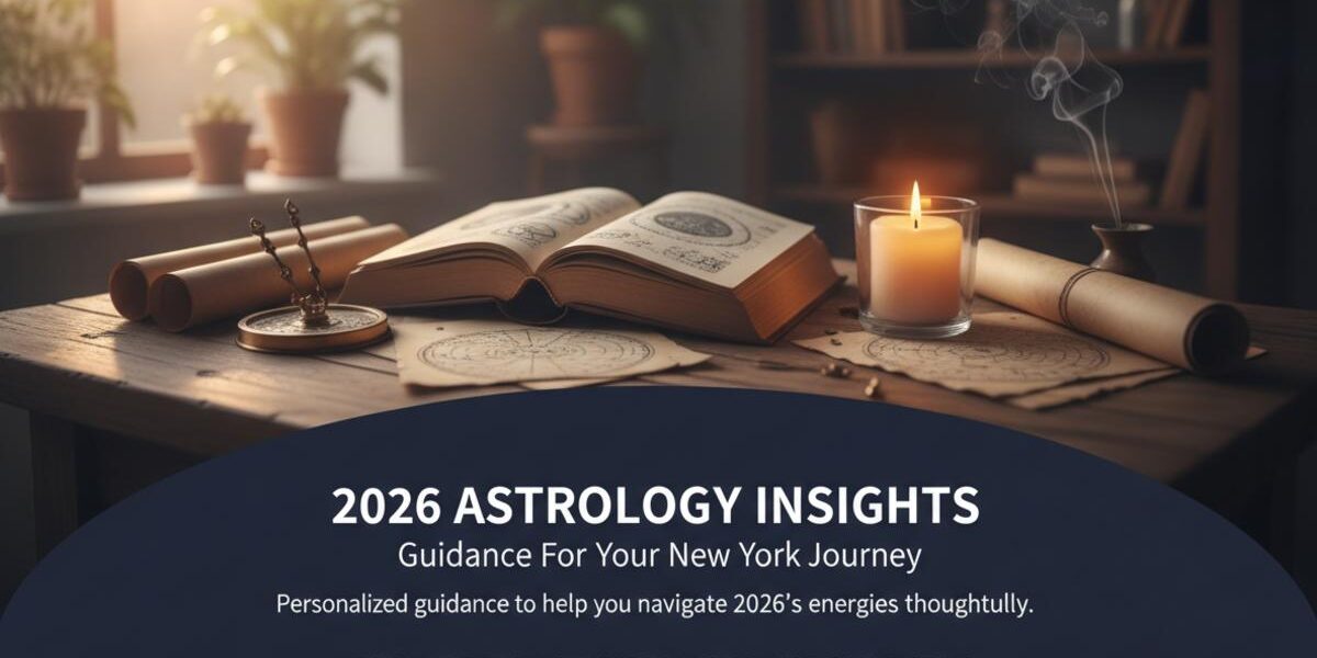 Astrology books and charts illustrating 2026 astrology predictions in New York