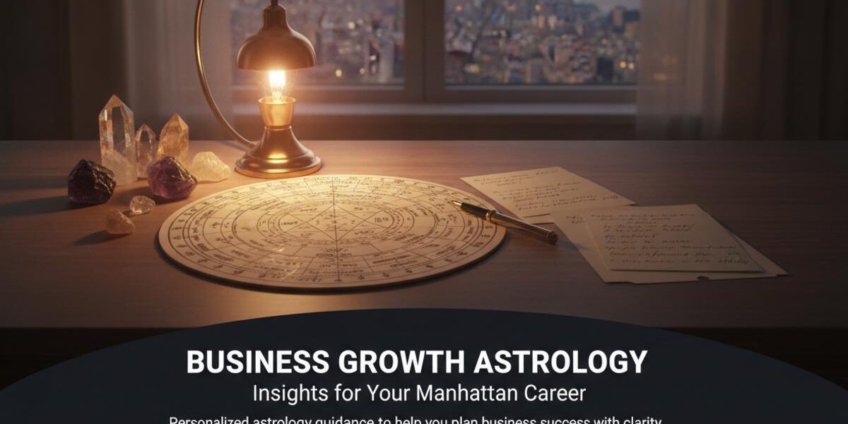 Business growth astrology chart on desk with Manhattan skyline view