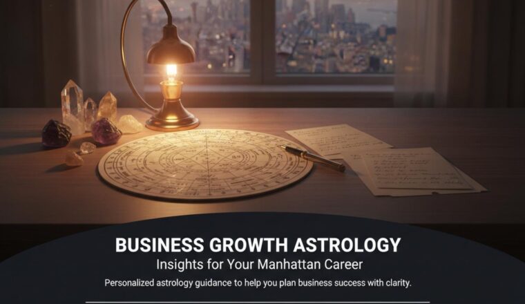 How Business Growth Astrology Can Guide You in Manhattan 2 Business growth astrology chart on desk with Manhattan skyline view
