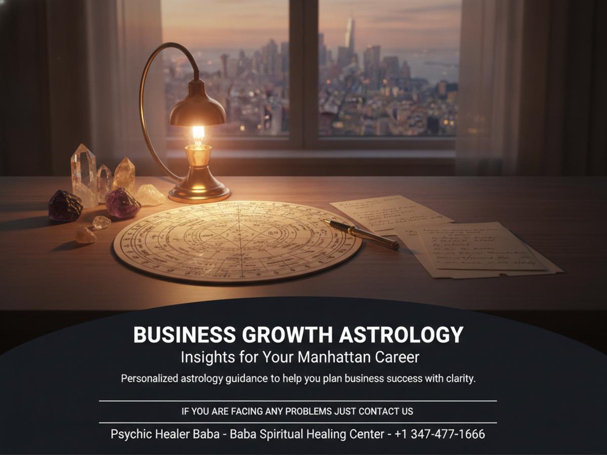 Business growth astrology chart on desk with Manhattan skyline view
