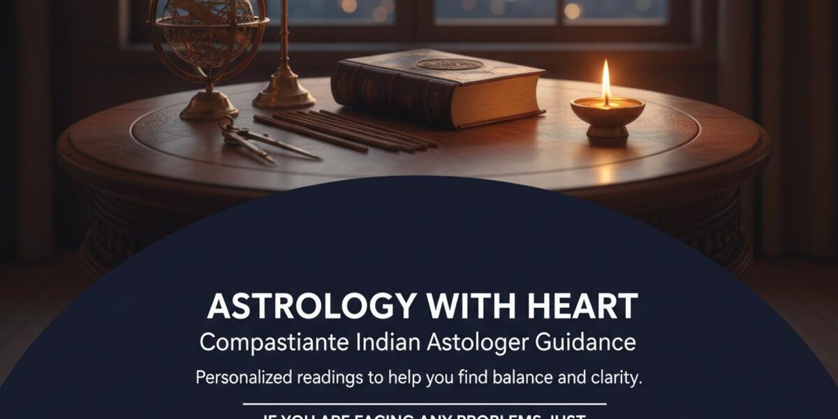 Indian astrologer workspace with books and tools New York cityscape