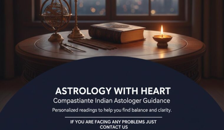 Indian astrologer workspace with books and tools New York cityscape