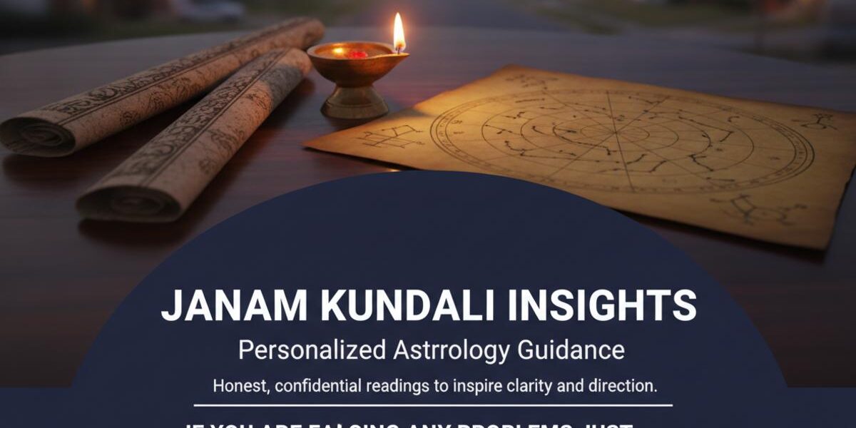 Janam kundali charts on wood table with warm lamp, Queens NY