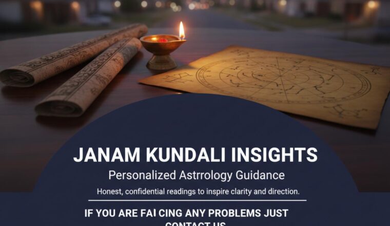 Janam kundali charts on wood table with warm lamp, Queens NY